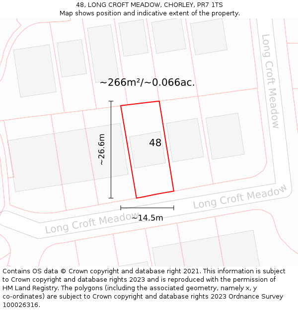 48, LONG CROFT MEADOW, CHORLEY, PR7 1TS: Plot and title map