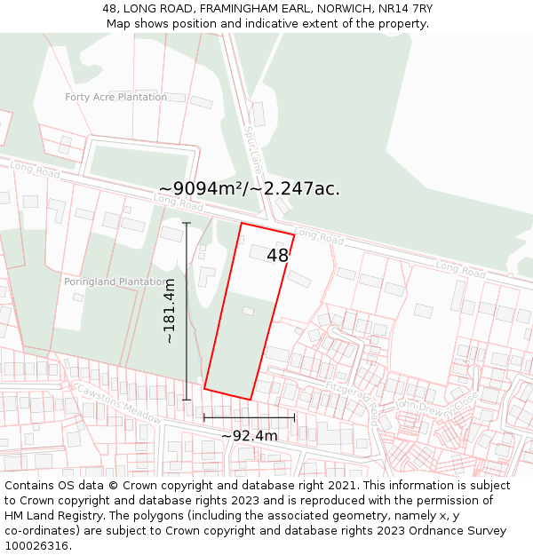48, LONG ROAD, FRAMINGHAM EARL, NORWICH, NR14 7RY: Plot and title map
