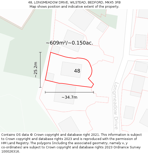 48, LONGMEADOW DRIVE, WILSTEAD, BEDFORD, MK45 3FB: Plot and title map