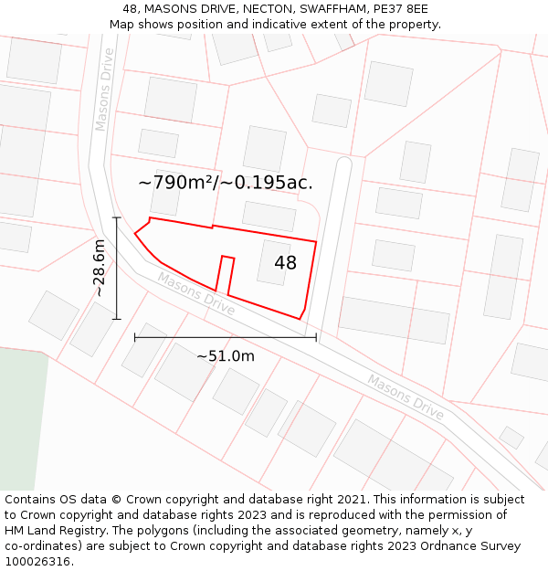 48, MASONS DRIVE, NECTON, SWAFFHAM, PE37 8EE: Plot and title map