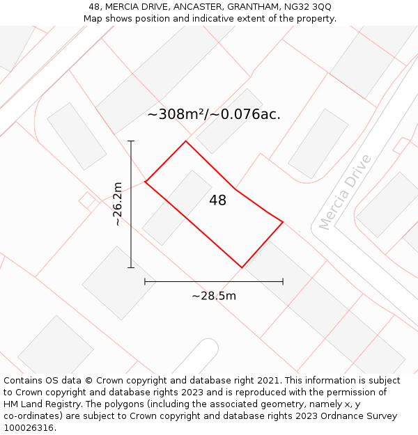 48, MERCIA DRIVE, ANCASTER, GRANTHAM, NG32 3QQ: Plot and title map
