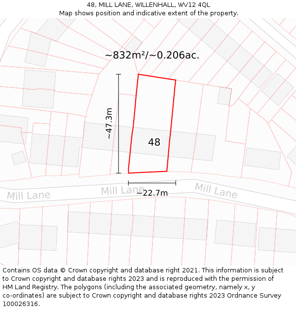 48, MILL LANE, WILLENHALL, WV12 4QL: Plot and title map