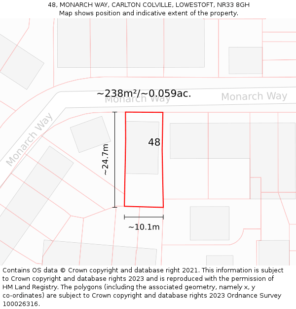 48, MONARCH WAY, CARLTON COLVILLE, LOWESTOFT, NR33 8GH: Plot and title map