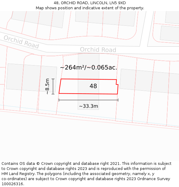 48, ORCHID ROAD, LINCOLN, LN5 9XD: Plot and title map