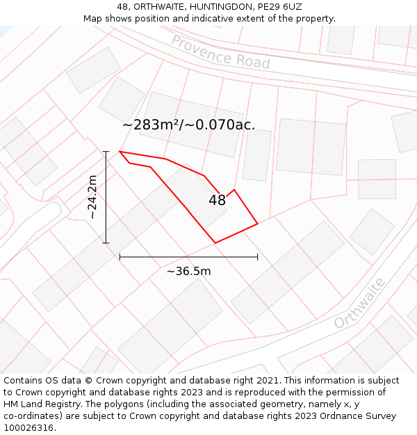 48, ORTHWAITE, HUNTINGDON, PE29 6UZ: Plot and title map