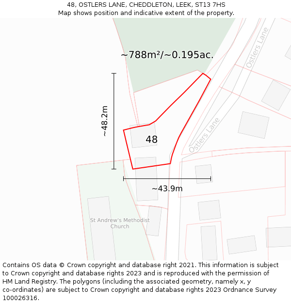 48, OSTLERS LANE, CHEDDLETON, LEEK, ST13 7HS: Plot and title map