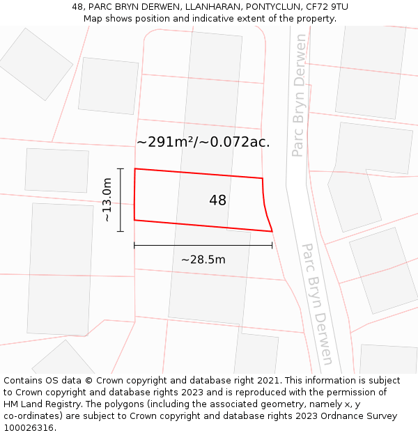 48, PARC BRYN DERWEN, LLANHARAN, PONTYCLUN, CF72 9TU: Plot and title map
