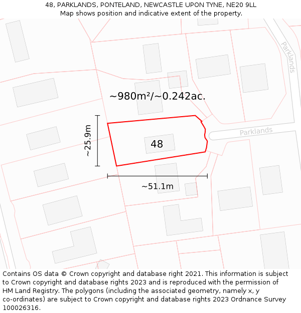 48, PARKLANDS, PONTELAND, NEWCASTLE UPON TYNE, NE20 9LL: Plot and title map