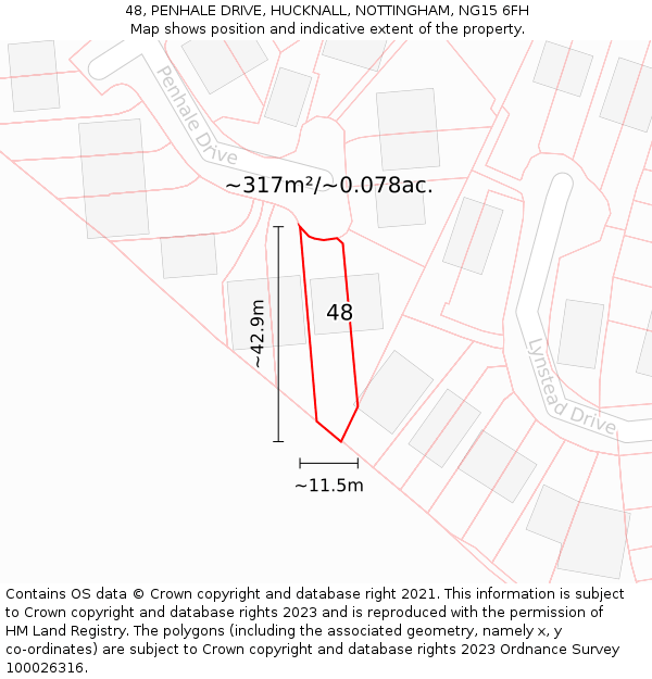 48, PENHALE DRIVE, HUCKNALL, NOTTINGHAM, NG15 6FH: Plot and title map