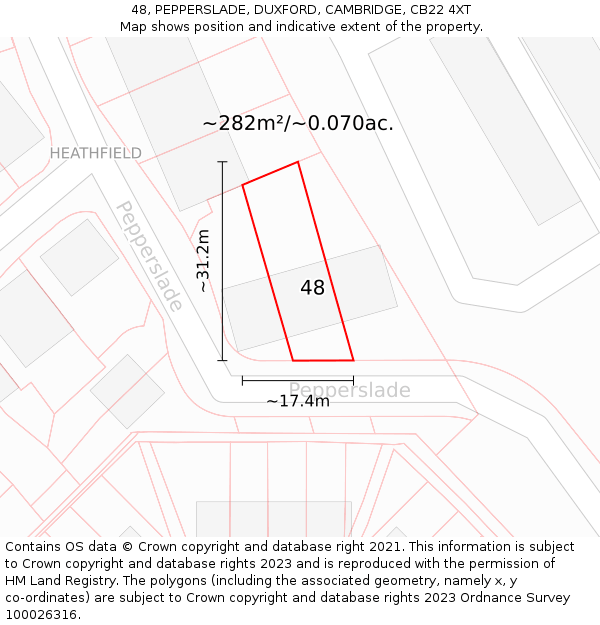 48, PEPPERSLADE, DUXFORD, CAMBRIDGE, CB22 4XT: Plot and title map