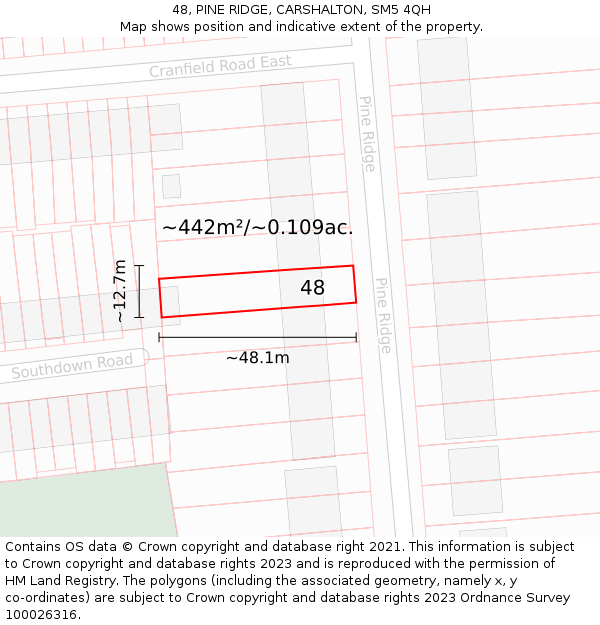 48, PINE RIDGE, CARSHALTON, SM5 4QH: Plot and title map