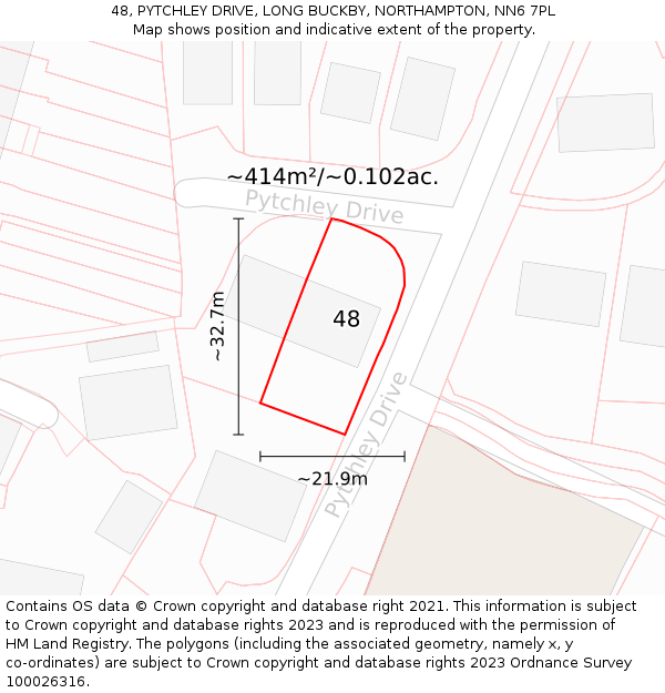 48, PYTCHLEY DRIVE, LONG BUCKBY, NORTHAMPTON, NN6 7PL: Plot and title map