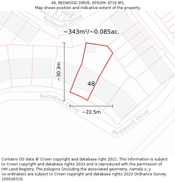 48, REDWOOD DRIVE, EPSOM, KT19 8FL: Plot and title map