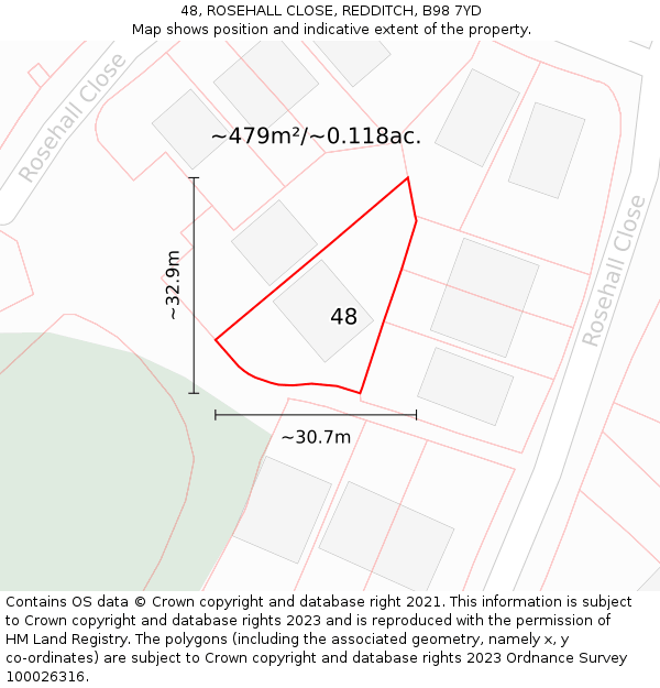 48, ROSEHALL CLOSE, REDDITCH, B98 7YD: Plot and title map