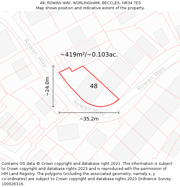 48, ROWAN WAY, WORLINGHAM, BECCLES, NR34 7ES: Plot and title map