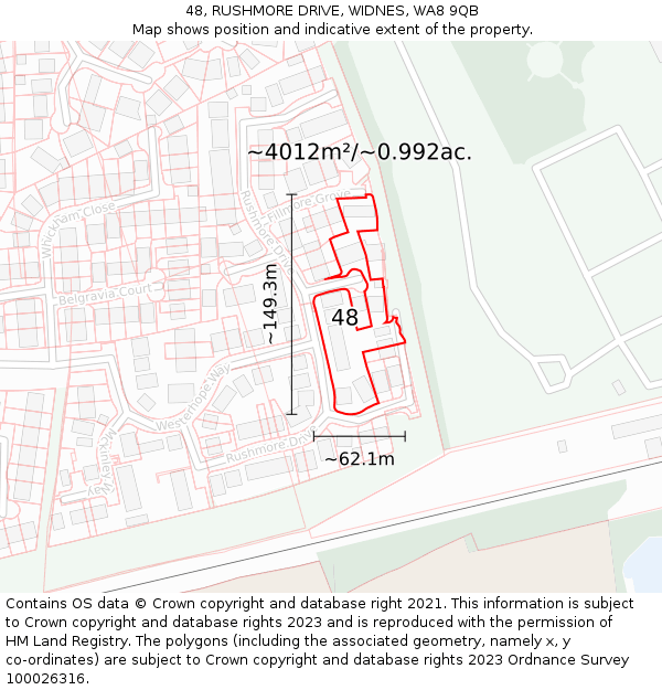 48, RUSHMORE DRIVE, WIDNES, WA8 9QB: Plot and title map