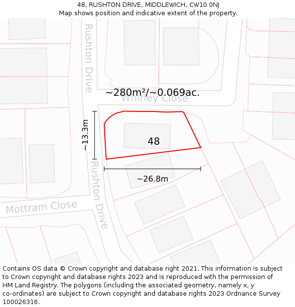 48, RUSHTON DRIVE, MIDDLEWICH, CW10 0NJ: Plot and title map