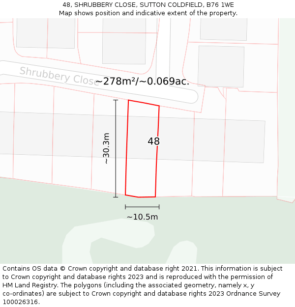 48, SHRUBBERY CLOSE, SUTTON COLDFIELD, B76 1WE: Plot and title map