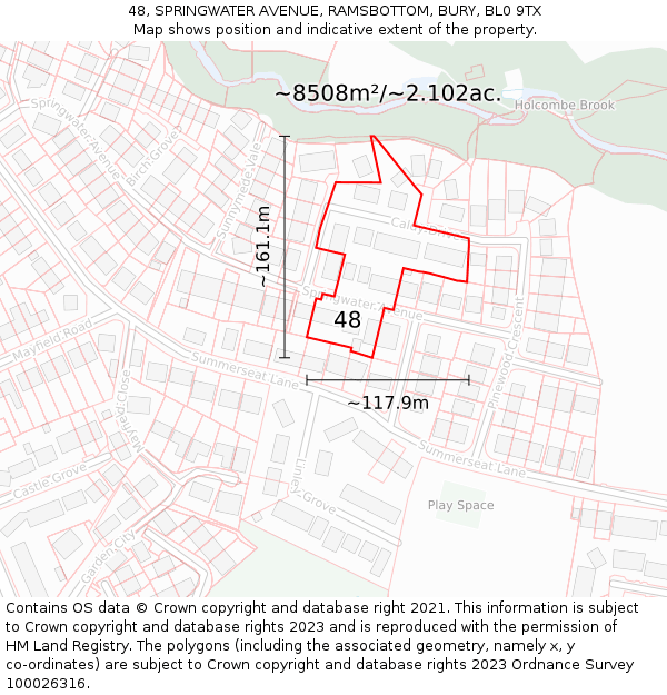 48, SPRINGWATER AVENUE, RAMSBOTTOM, BURY, BL0 9TX: Plot and title map