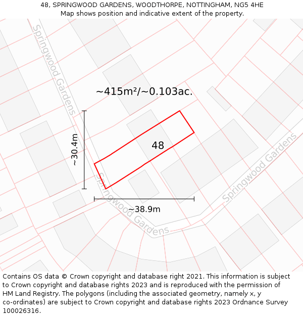 48, SPRINGWOOD GARDENS, WOODTHORPE, NOTTINGHAM, NG5 4HE: Plot and title map