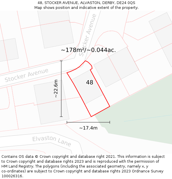 48, STOCKER AVENUE, ALVASTON, DERBY, DE24 0QS: Plot and title map