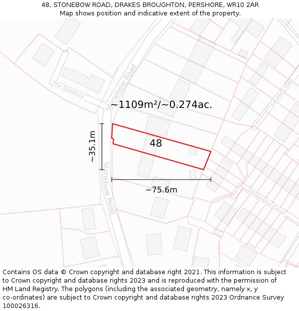 48, STONEBOW ROAD, DRAKES BROUGHTON, PERSHORE, WR10 2AR: Plot and title map