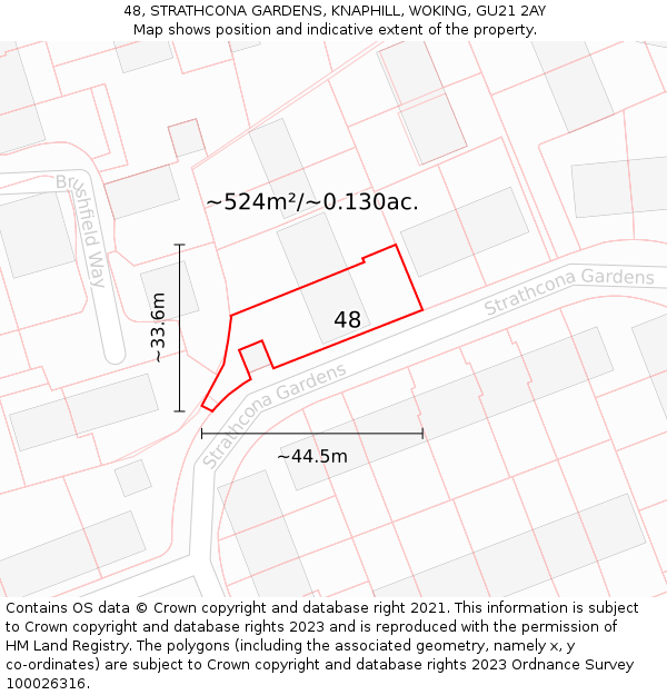 48, STRATHCONA GARDENS, KNAPHILL, WOKING, GU21 2AY: Plot and title map