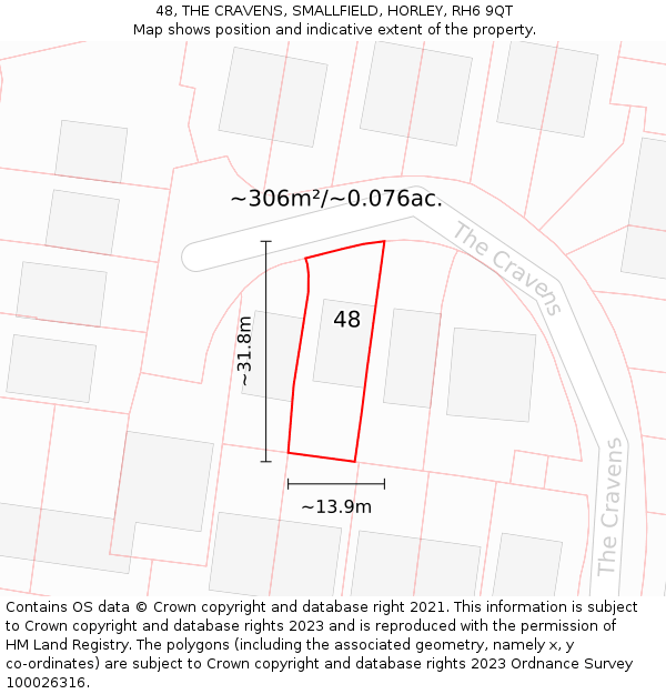 48, THE CRAVENS, SMALLFIELD, HORLEY, RH6 9QT: Plot and title map