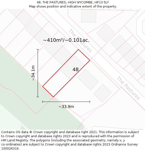 48, THE PASTURES, HIGH WYCOMBE, HP13 5LY: Plot and title map