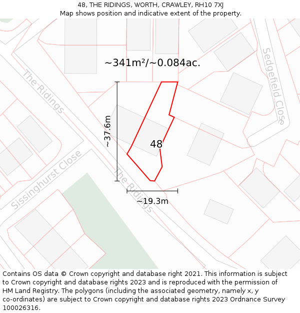 48, THE RIDINGS, WORTH, CRAWLEY, RH10 7XJ: Plot and title map