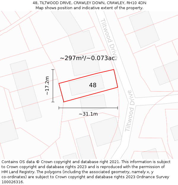 48, TILTWOOD DRIVE, CRAWLEY DOWN, CRAWLEY, RH10 4DN: Plot and title map