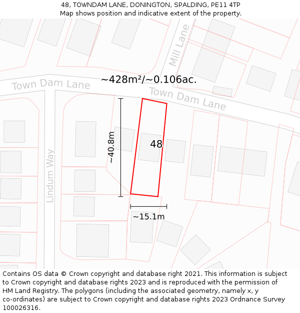 48, TOWNDAM LANE, DONINGTON, SPALDING, PE11 4TP: Plot and title map