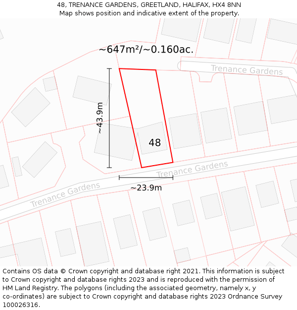 48, TRENANCE GARDENS, GREETLAND, HALIFAX, HX4 8NN: Plot and title map