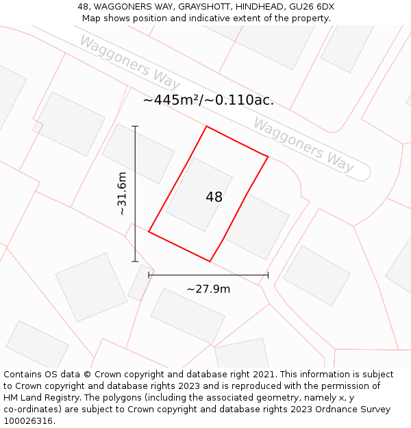 48, WAGGONERS WAY, GRAYSHOTT, HINDHEAD, GU26 6DX: Plot and title map