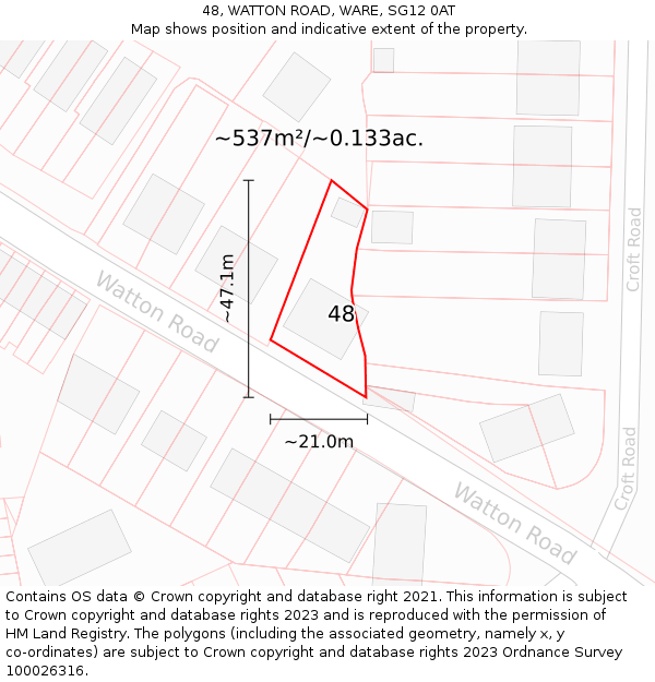 48, WATTON ROAD, WARE, SG12 0AT: Plot and title map