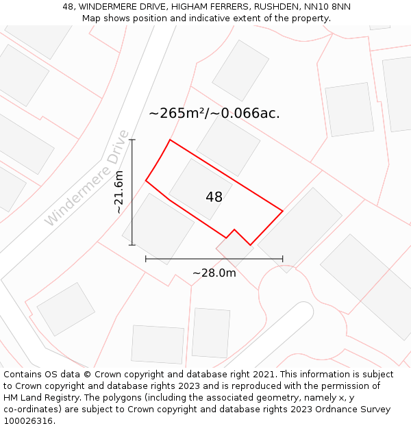48, WINDERMERE DRIVE, HIGHAM FERRERS, RUSHDEN, NN10 8NN: Plot and title map