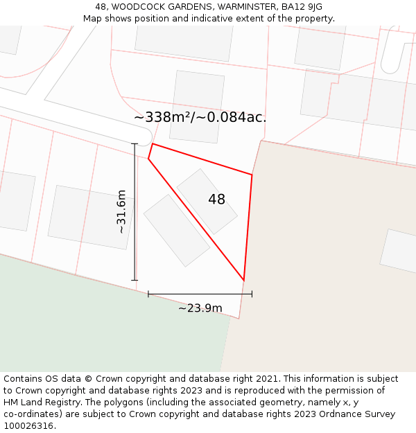 48, WOODCOCK GARDENS, WARMINSTER, BA12 9JG: Plot and title map