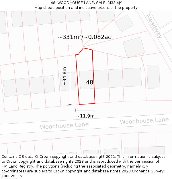48, WOODHOUSE LANE, SALE, M33 4JY: Plot and title map