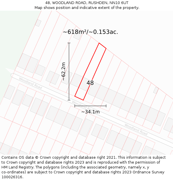 48, WOODLAND ROAD, RUSHDEN, NN10 6UT: Plot and title map