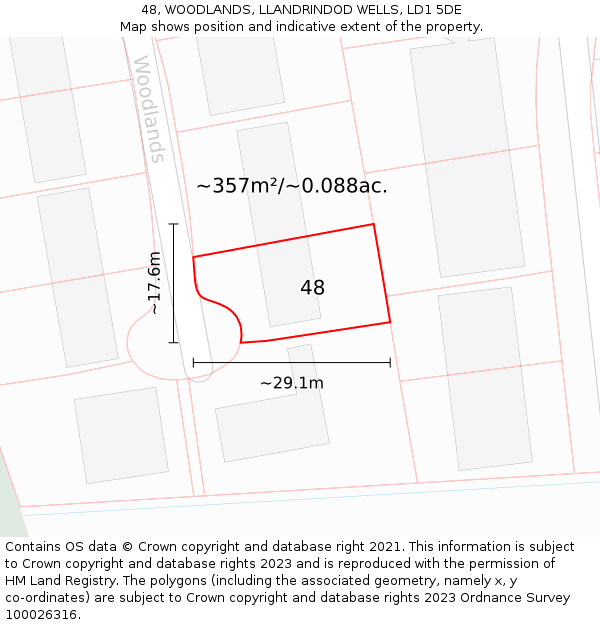 48, WOODLANDS, LLANDRINDOD WELLS, LD1 5DE: Plot and title map