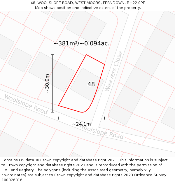 48, WOOLSLOPE ROAD, WEST MOORS, FERNDOWN, BH22 0PE: Plot and title map