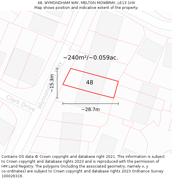 48, WYMONDHAM WAY, MELTON MOWBRAY, LE13 1HX: Plot and title map