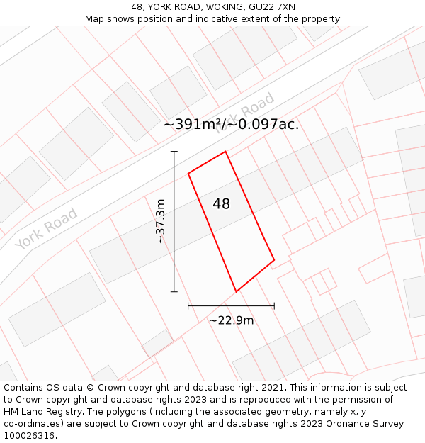 48, YORK ROAD, WOKING, GU22 7XN: Plot and title map