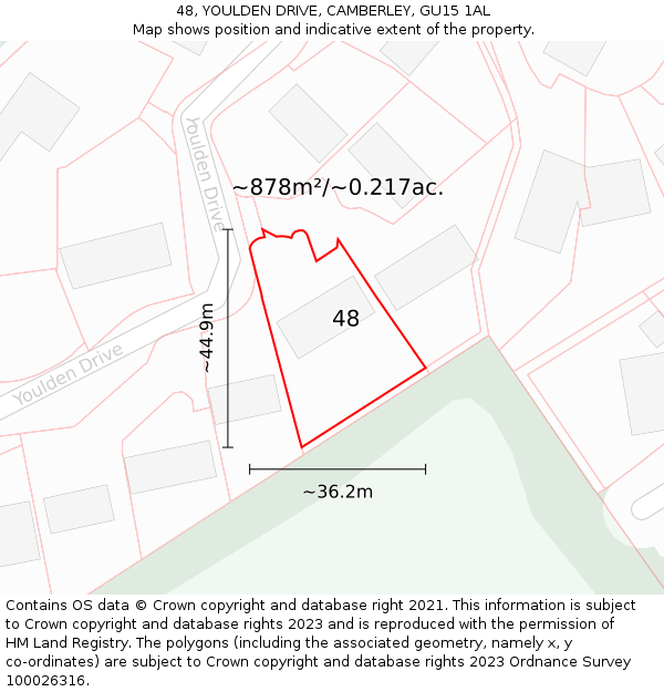 48, YOULDEN DRIVE, CAMBERLEY, GU15 1AL: Plot and title map