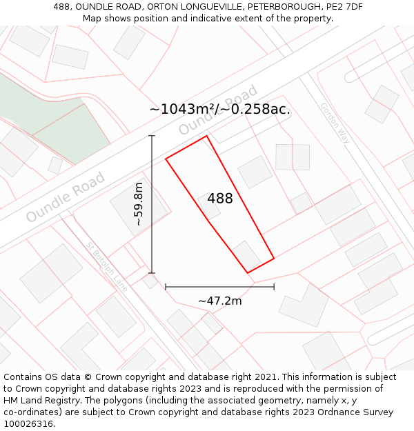 488, OUNDLE ROAD, ORTON LONGUEVILLE, PETERBOROUGH, PE2 7DF: Plot and title map