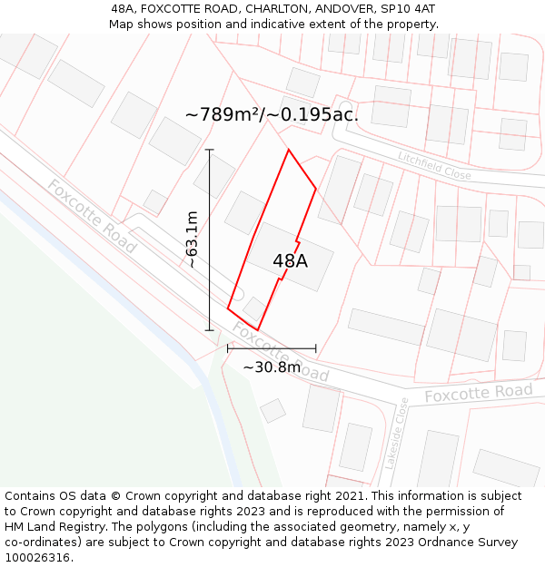 48A, FOXCOTTE ROAD, CHARLTON, ANDOVER, SP10 4AT: Plot and title map