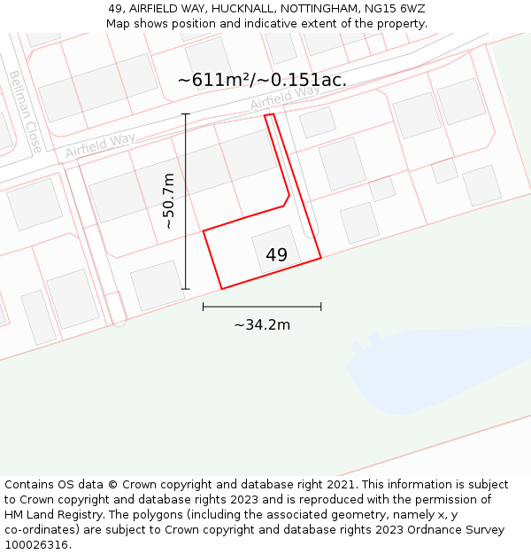 49, AIRFIELD WAY, HUCKNALL, NOTTINGHAM, NG15 6WZ: Plot and title map