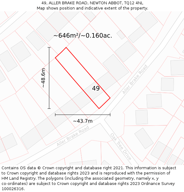 49, ALLER BRAKE ROAD, NEWTON ABBOT, TQ12 4NL: Plot and title map