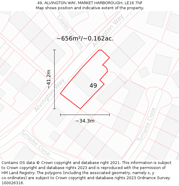 49, ALVINGTON WAY, MARKET HARBOROUGH, LE16 7NF: Plot and title map