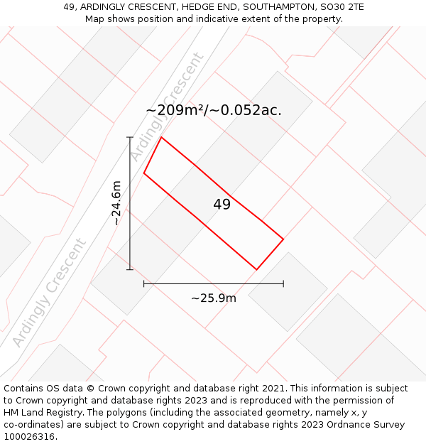 49, ARDINGLY CRESCENT, HEDGE END, SOUTHAMPTON, SO30 2TE: Plot and title map